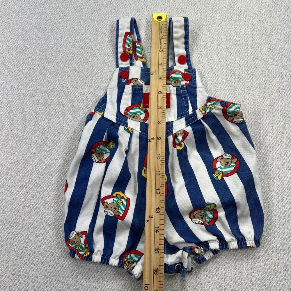 Baby OshKosh Shortall Bubble Overalls 12M Blue White Striped Sailor Bear VTG 80s